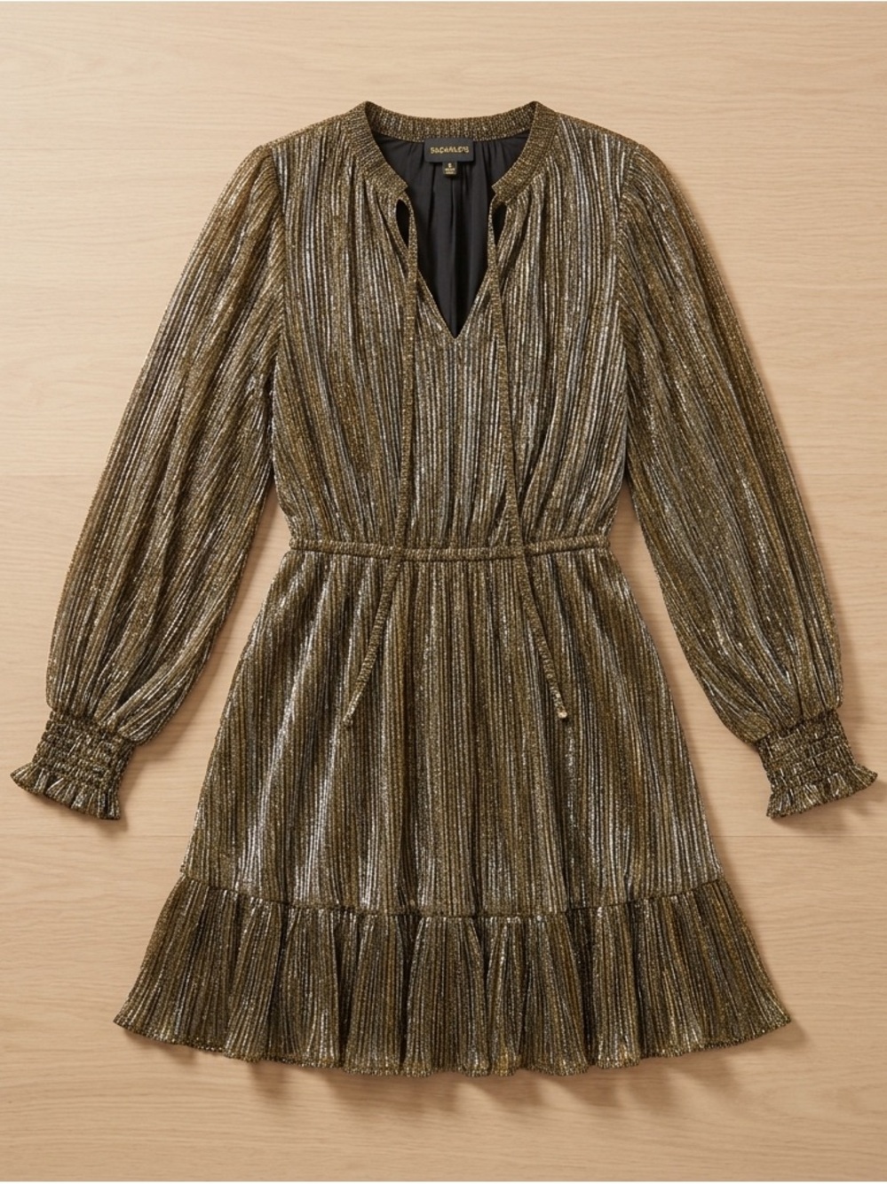 Sugarlips Gold Metallic Pleated Balloon-Sleeve Mini Dress